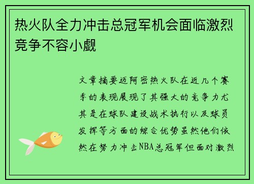 热火队全力冲击总冠军机会面临激烈竞争不容小觑